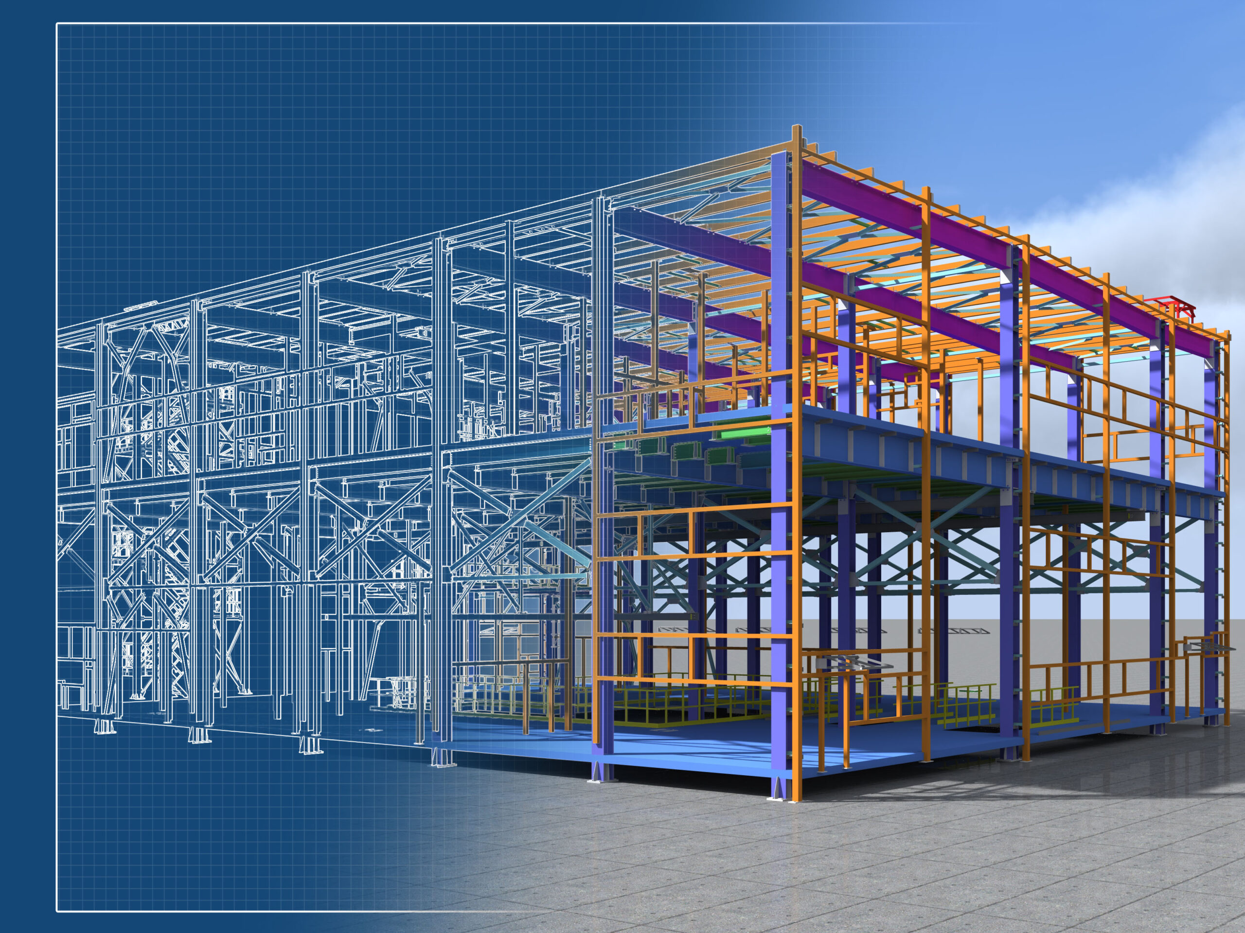 Building Information Model of metal structure. 3D BIM model. The building is of steel columns, beams, connections, etc. 3D rendering. Engineering, industrial, construction BIM background